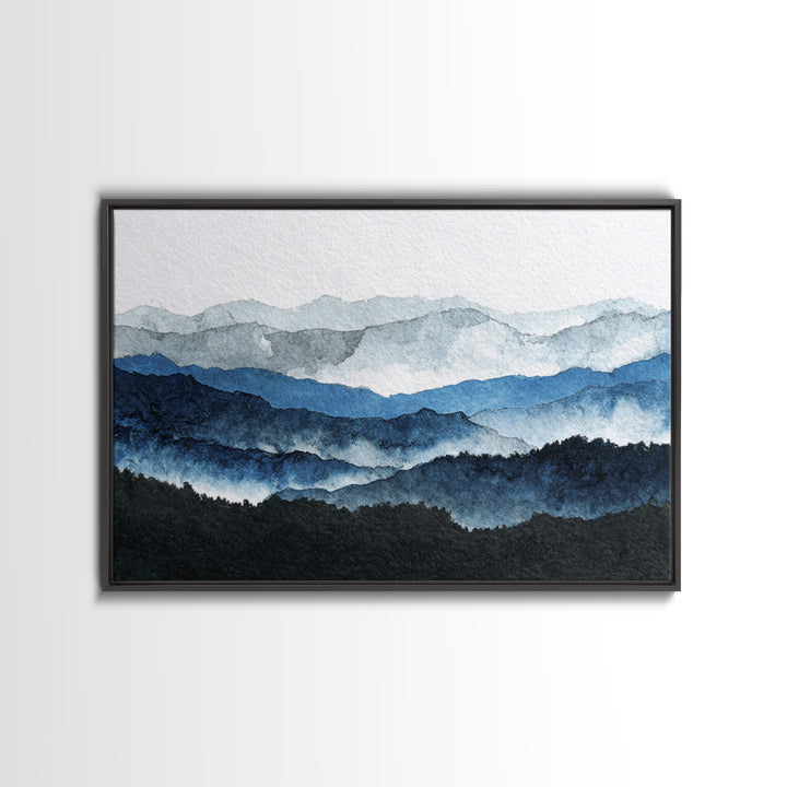 Black Ink Mountain Range Framed Canvas Print, Black and White Art, Cabin Decor, Living Room Decor, Fine Art, Monochrome, BAW-3x2-78