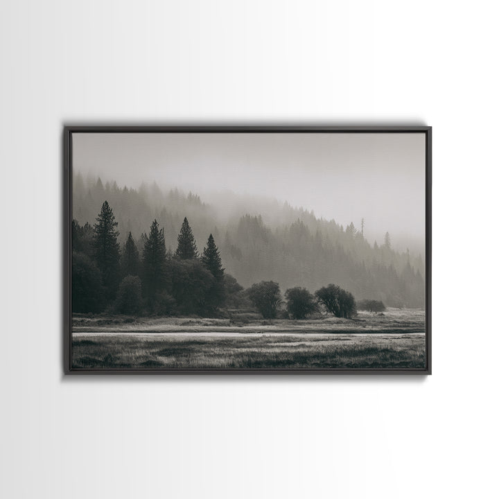 Moody Foggy Forest Canvas Print, Black and White Art, Gothic Decor, Living Room Decor, Oil Painting, Monochrome, BAW-3x2-83