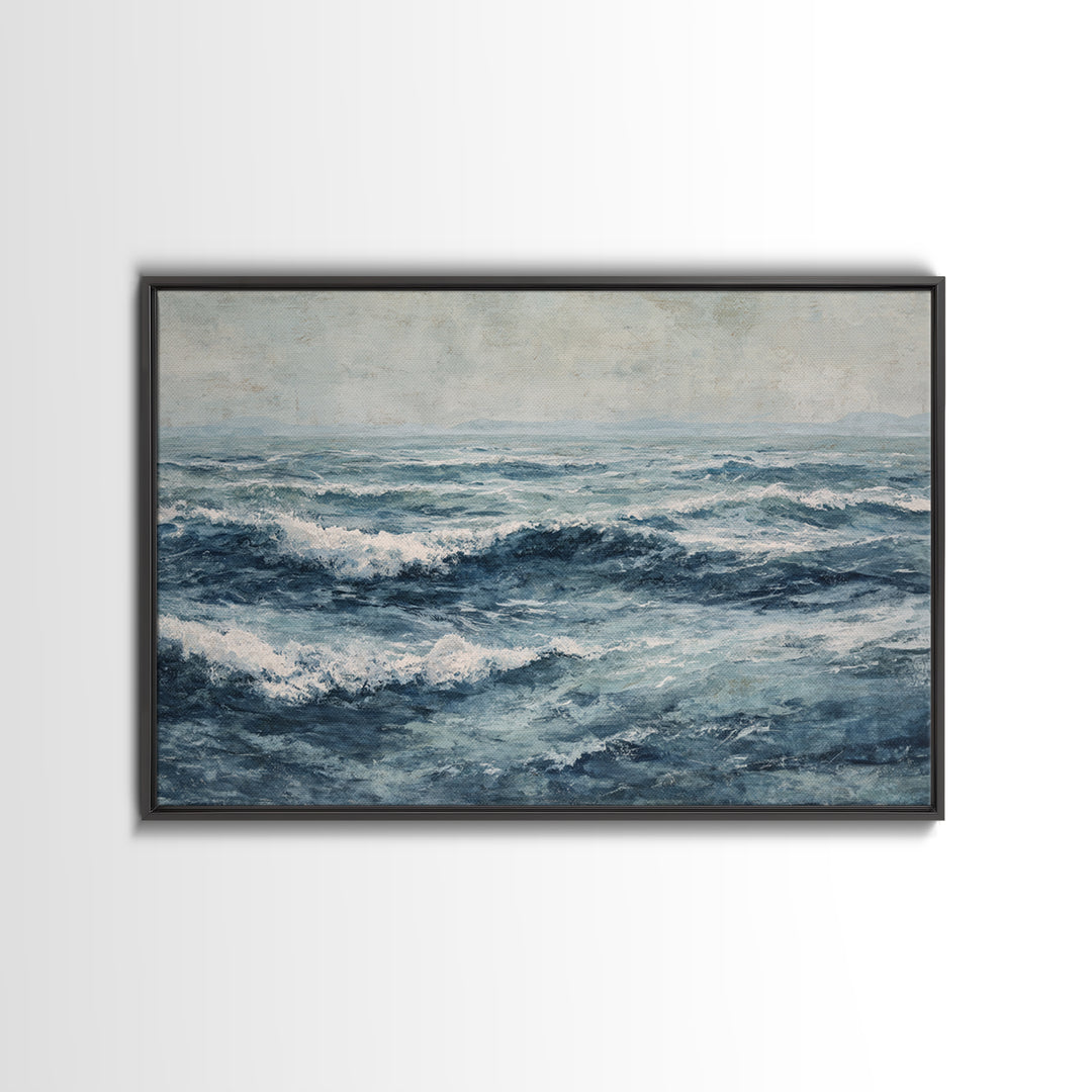Stormy Ocean Wave Framed Canvas Print, Black and White Art, Retro Wall Art, Living Room Decor, Monochrome, Luxury Decor, BAW-3x2-86