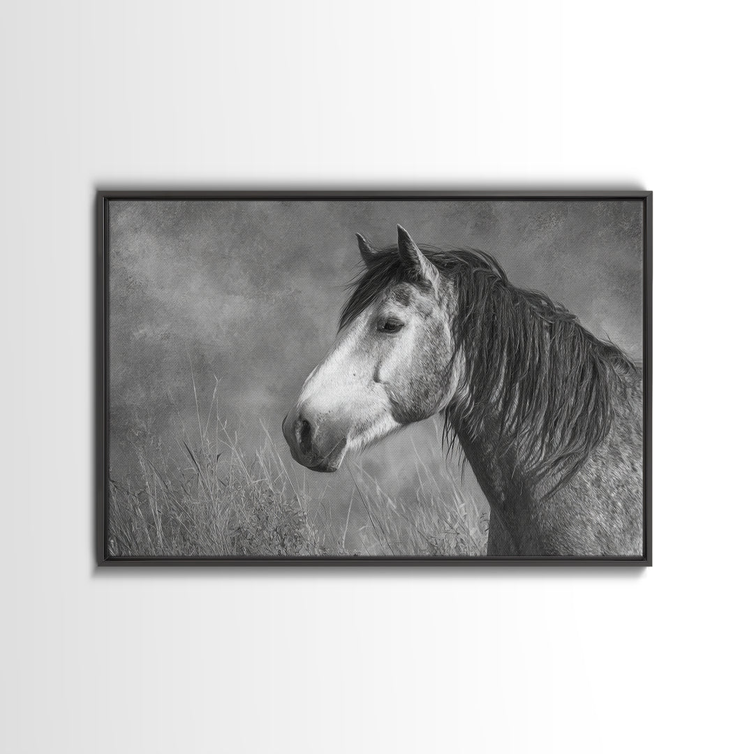 Black and White Wild Horse Portrait Framed Canvas Print, Black and White Art, Canvas Print, Living Room Decor, Monochrome, BAW-3x2-9