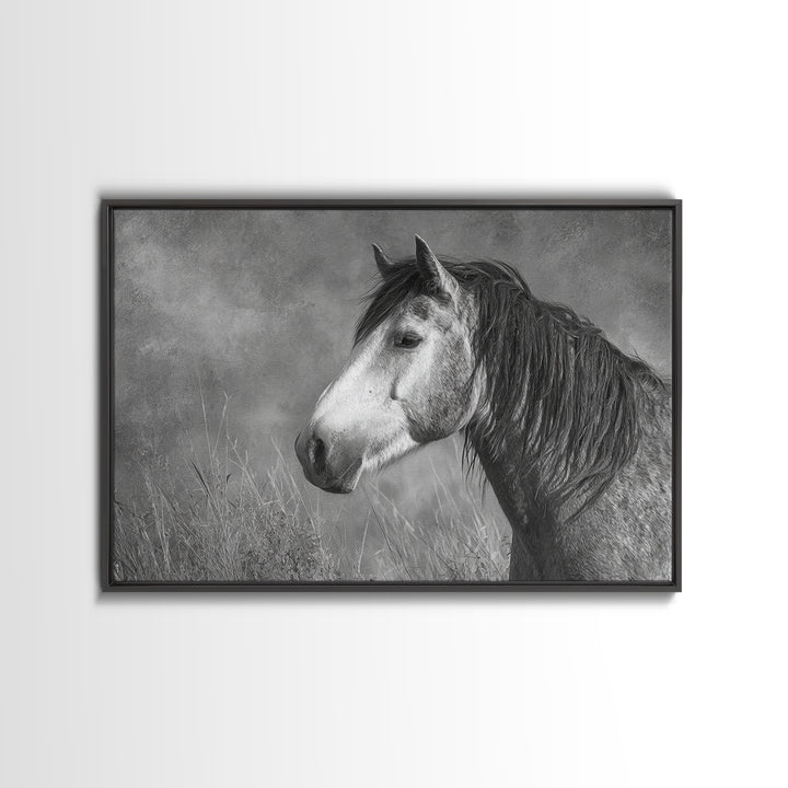 Black and White Wild Horse Portrait Framed Canvas Print, Black and White Art, Canvas Print, Living Room Decor, Monochrome, BAW-3x2-9