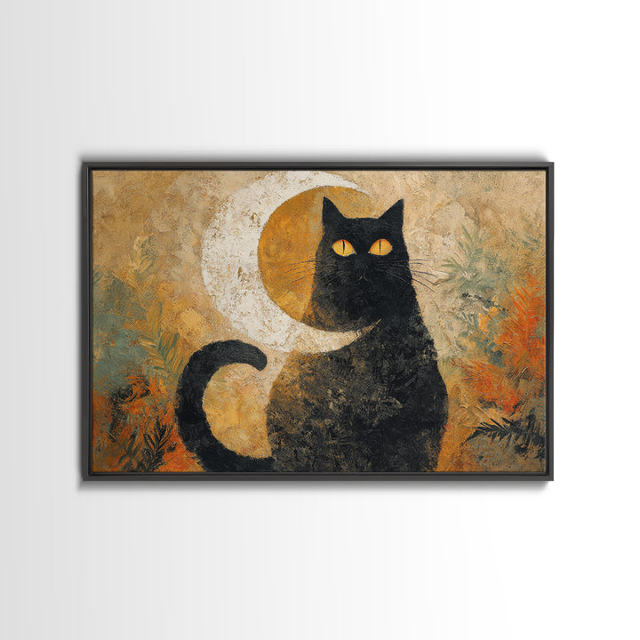 Black Cat Silhouette Framed Canvas Print, Black and White Art, Digital Prints, Living Room Decor, Fine Art, Monochrome, BAW-3x2-92