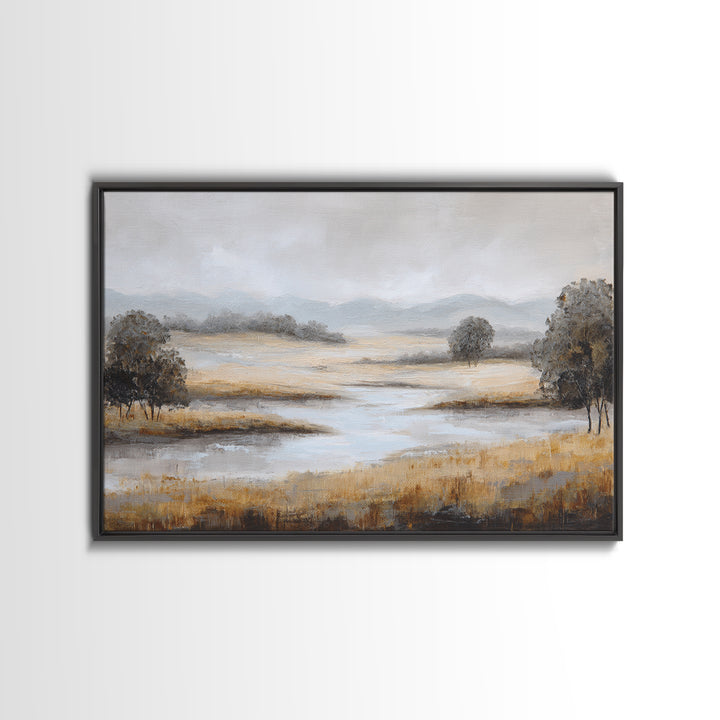 Misty Bridge Landscape Framed Canvas Print, Black and White Art, Printable, Living Room Decor, Monochrome, Retro Wall Art, BAW-3x2-95