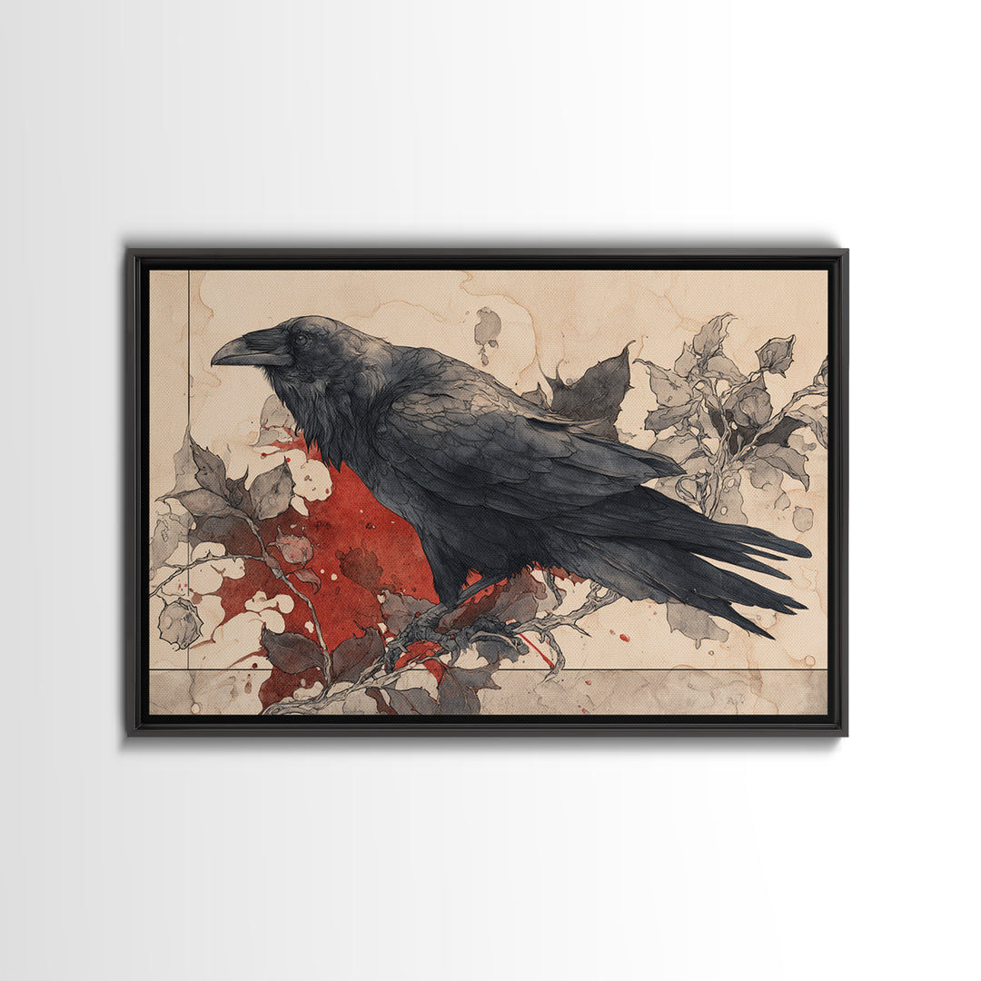 Ink Splatter Raven Composition Framed Canvas Print, Black and White Art, Halloween Decor, Living Room Decor, Monochrome, BAW-3x2-96
