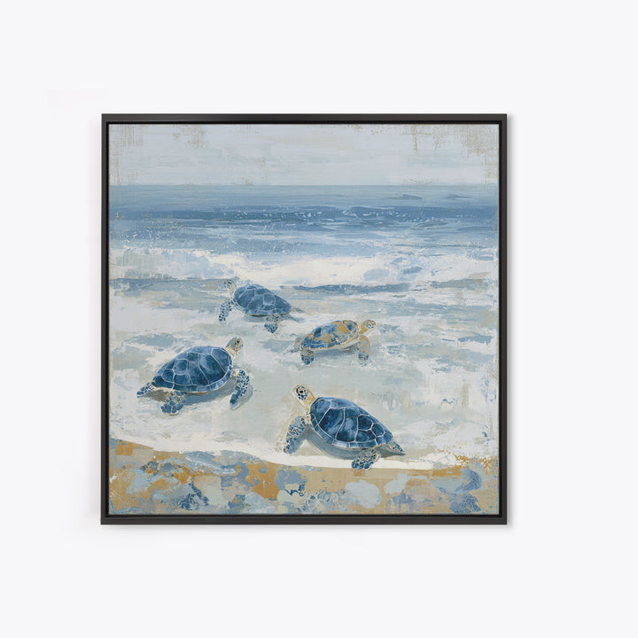 Family of Sea Turtles Crossing Moonlit Sand Framed Canvas Print, Beach Art, Coastal Art, Coastal Decor, Fine Art, Shore, BEA-1x1-38