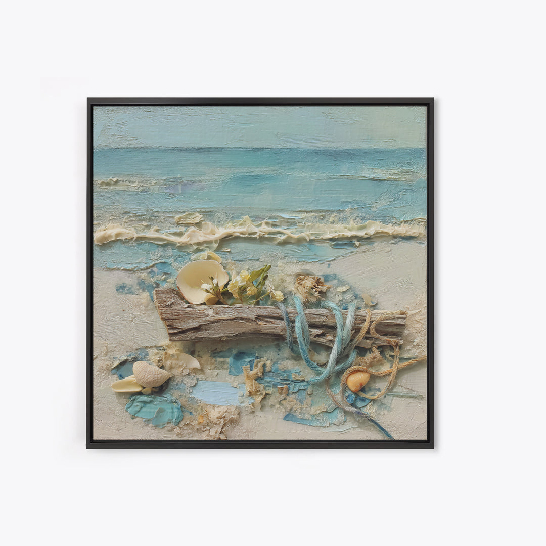 Driftwood and Wildflowers on Sand Framed Canvas Print, Beach Art, Coastal Decor, Oil Painting, Shore, Boho Decor, BEA-1x1-46