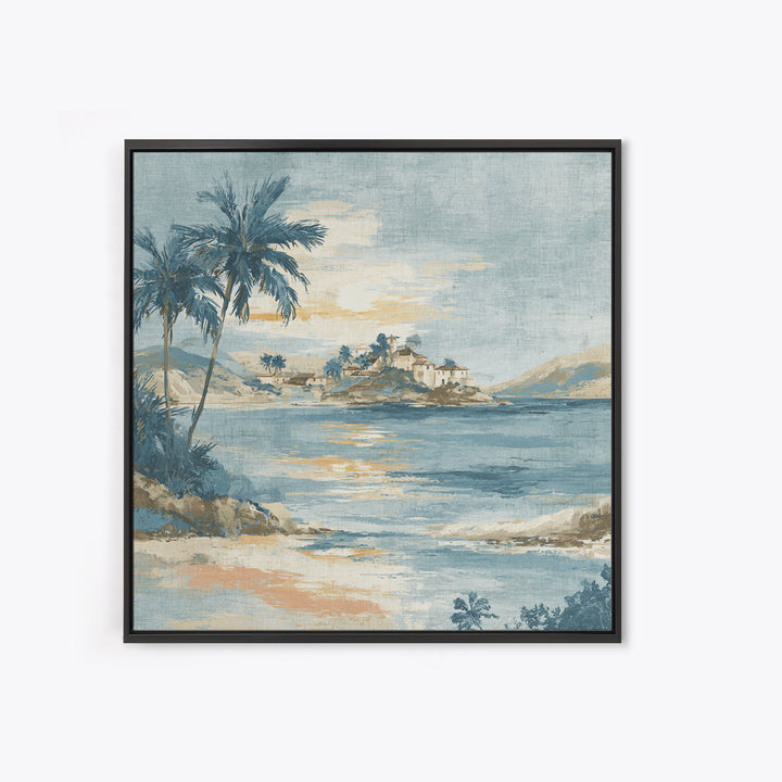 Moonlit Tropical Beach Framed Canvas Print, Beach Art, Art, Coastal Decor, Fine Art, Shore, Abstract Wall Art, Whimsical Decor, BEA-1x1-48