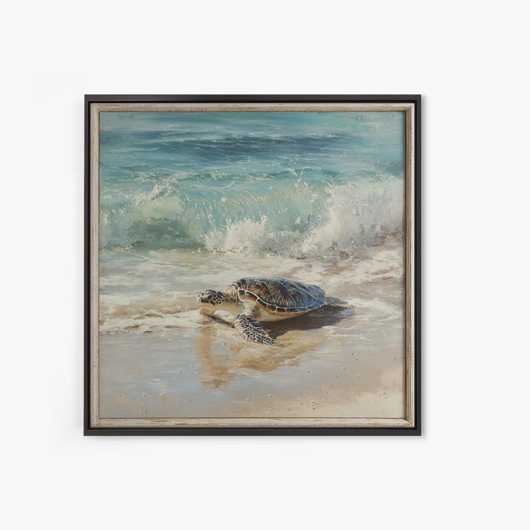 Family of Sea Turtles Crossing Moonlit Sand Framed Canvas Print, Beach Art, Coastal Art, Coastal Decor, Fine Art, Shore, BEA-1x1-62