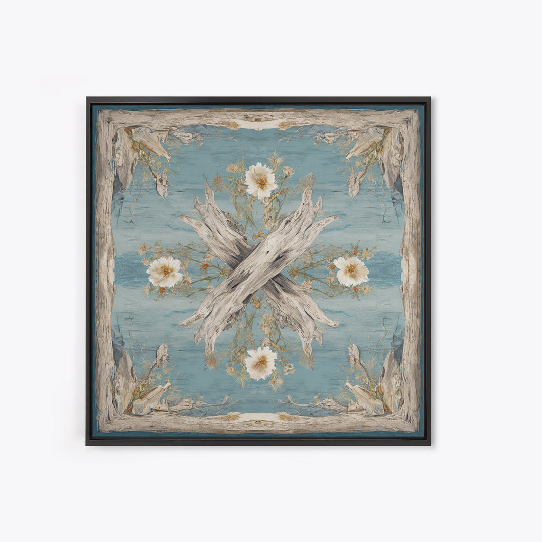 Driftwood and Wildflowers on Sand Framed Canvas Print, Beach Art, Coastal Decor, Oil Painting, Shore, Boho Decor, BEA-1x1-70