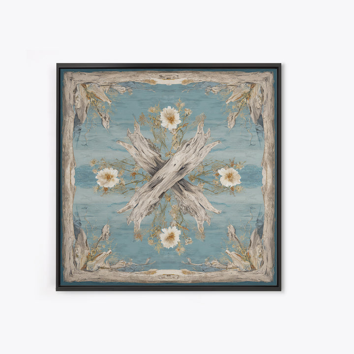 Driftwood and Wildflowers on Sand Framed Canvas Print, Beach Art, Coastal Decor, Oil Painting, Shore, Boho Decor, BEA-1x1-70
