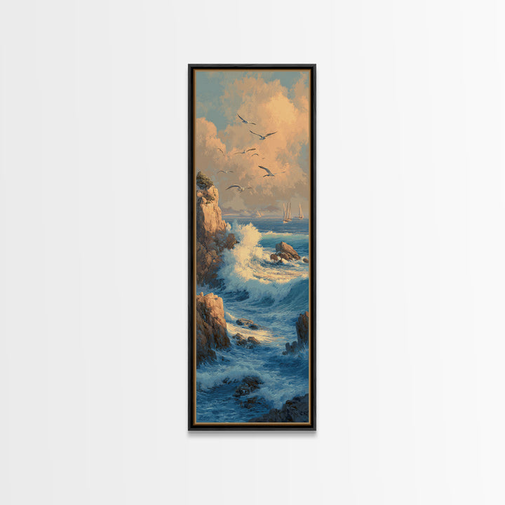 Coastal Cliffs with Gulls and Sea Spray Framed Canvas Print, Beach Art, Nautical Decor, Coastal Decor, Fine Art, Shore, BEA-1x3-71