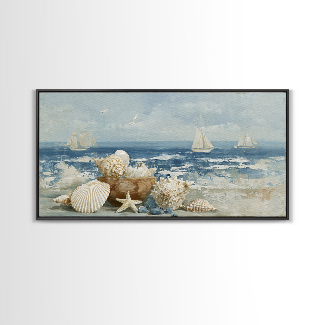 Nautical Rope and Shell Still Life Framed Canvas Print, Beach Art, Minimalist Decor, Coastal Decor, Shore, Original Art, BEA-2x1-13