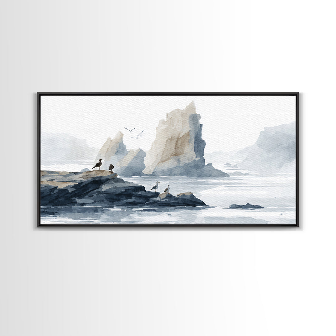 Coastal Cliffs with Gulls and Sea Spray Framed Canvas Print, Beach Art, Art, Coastal Decor, Fine Art, Shore, Abstract Wall Art, BEA-2x1-7