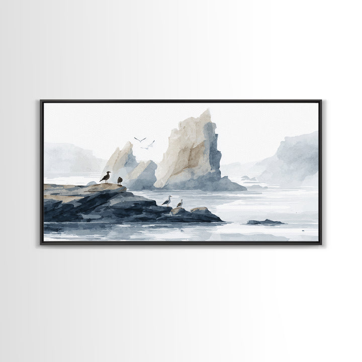 Coastal Cliffs with Gulls and Sea Spray Framed Canvas Print, Beach Art, Art, Coastal Decor, Fine Art, Shore, Abstract Wall Art, BEA-2x1-7