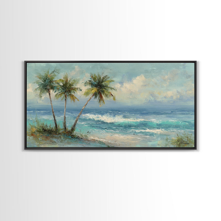 Tropical Palms Leaning Framed Canvas Print, Beach Art, Boho Decor, Coastal Decor, Fine Art, Shore, Art Prints, Digital Art, BEA-2x1-75