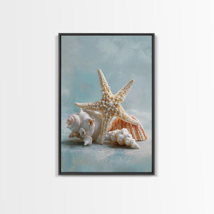 Sun Bleached Starfish and Shells Still Life Framed Canvas Print, Beach Art, Coastal Decor, Oil Painting, Shore, BEA-2x3-21