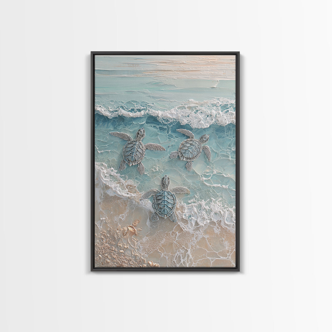 Family of Sea Turtles Crossing Moonlit Sand Framed Canvas Print, Beach Art, Textured Painting, Coastal Decor, Fine Art, Shore, BEA-2x3-22