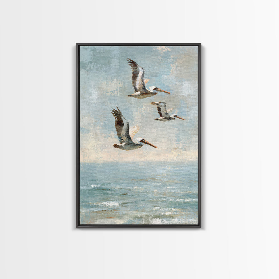 Pelicans Flying Low Framed Canvas Print, Beach Art, Beach Print, Coastal Decor, Fine Art, Shore, Textured Painting, BEA-2x3-3