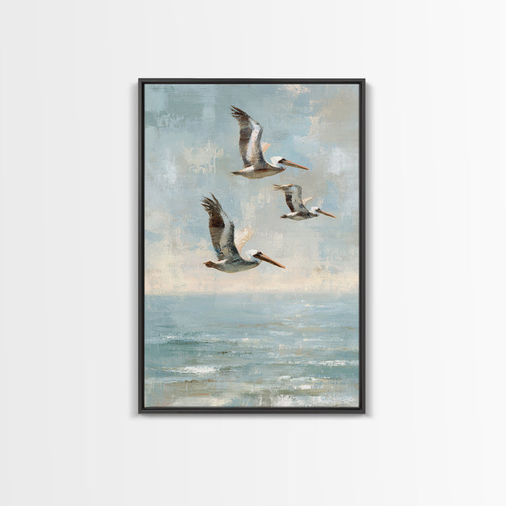 Pelicans Flying Low Framed Canvas Print, Beach Art, Beach Print, Coastal Decor, Fine Art, Shore, Textured Painting, BEA-2x3-3