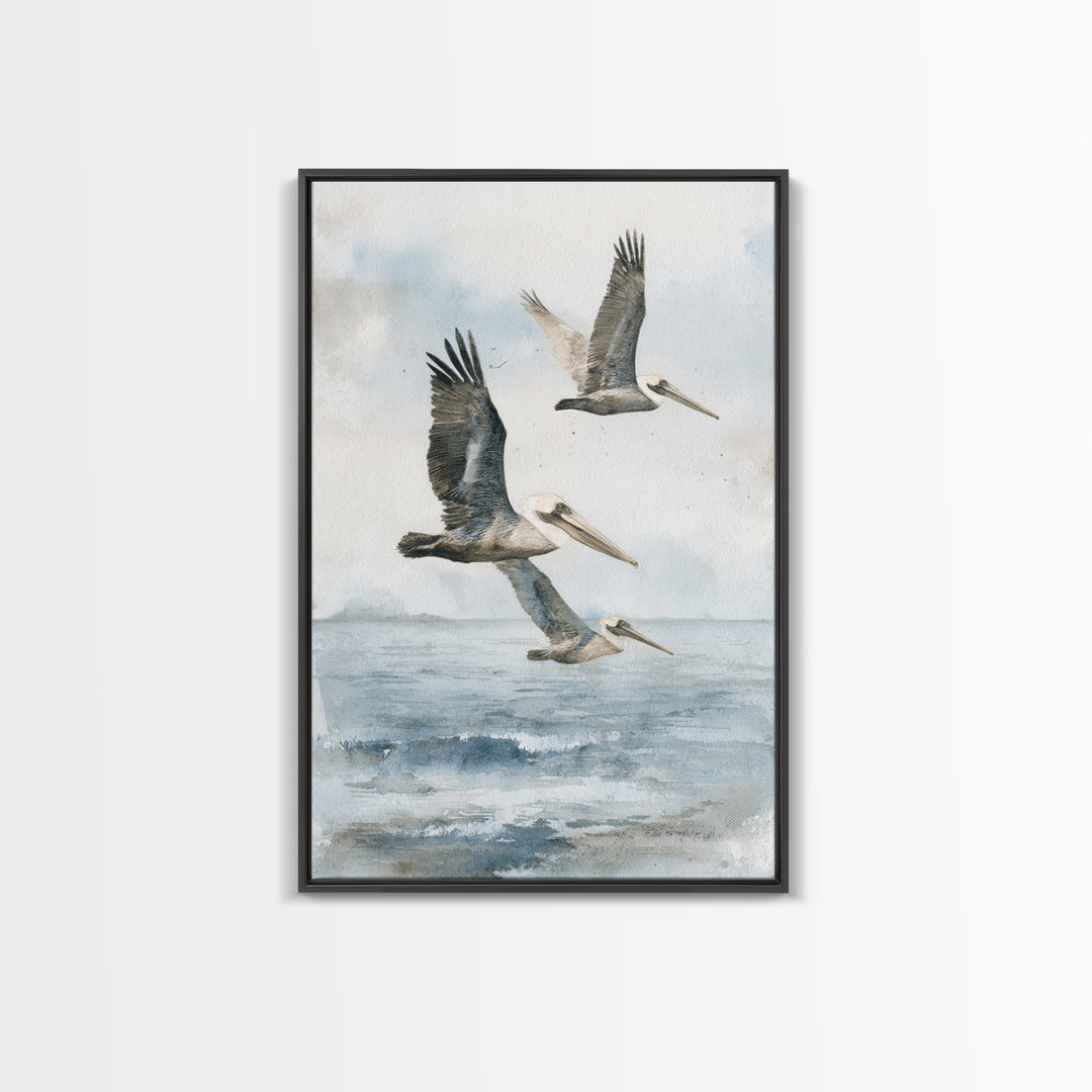 Pelicans Flying Low Framed Canvas Print, Beach Art, Room Decor, Coastal Decor, Oil Painting, Shore, Original Painting, BEA-2x3-51