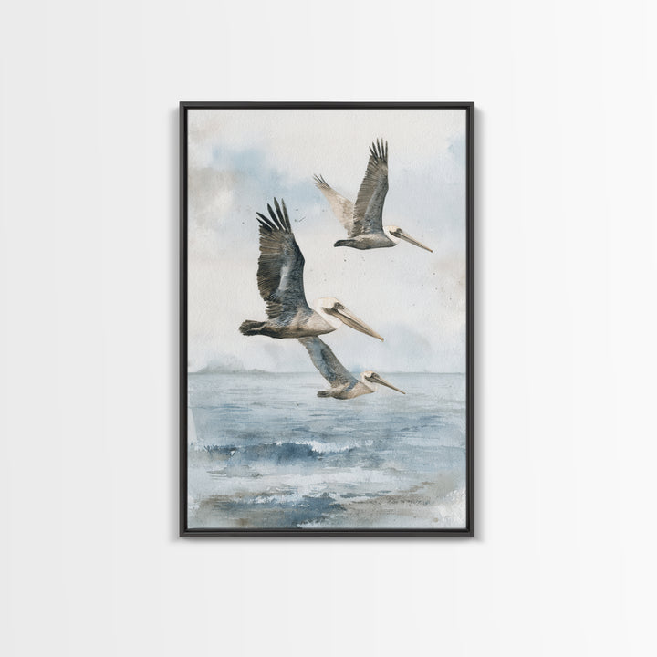 Pelicans Flying Low Framed Canvas Print, Beach Art, Room Decor, Coastal Decor, Oil Painting, Shore, Original Painting, BEA-2x3-51