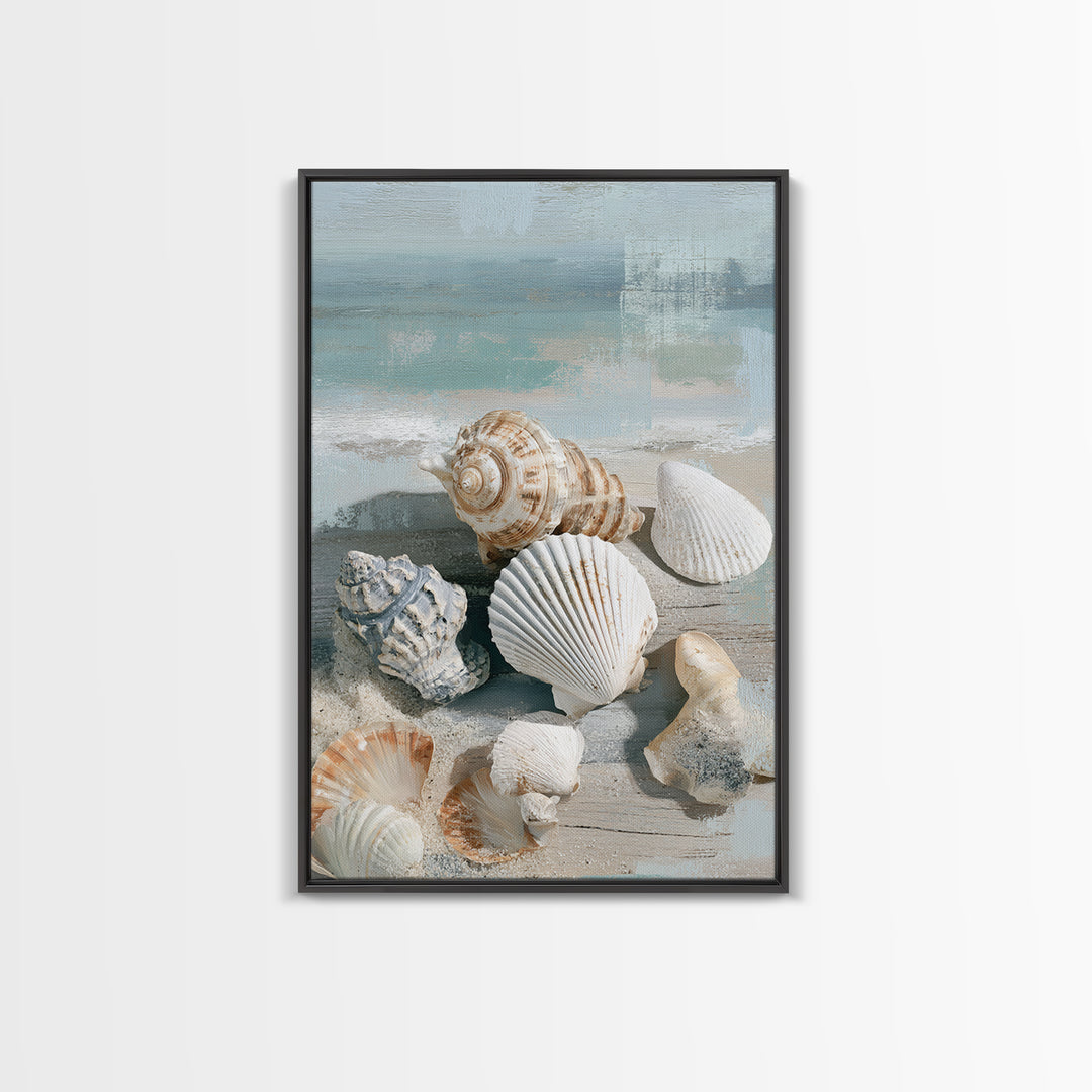Seashell Collection Painted Like Natural Specimens Framed Canvas Print, Beach Art, Wall Art, Coastal Decor, Fine Art, Shore, BEA-2x3-60