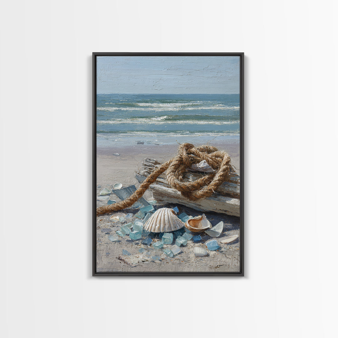Nautical Rope and Shell Still Life Framed Canvas Print, Beach Art, Original Art, Coastal Decor, Fine Art, Shore, Beach Decor, BEA-2x3-97