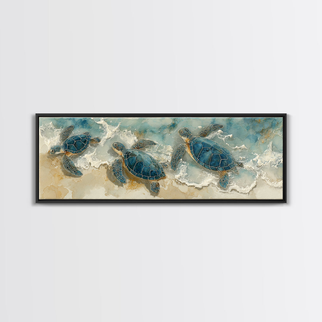 Family of Sea Turtles Crossing Moonlit Sand Canvas Print, Beach Art, Coastal Wall Art, Coastal Decor, Fine Art, Shore, BEA-3x1-6