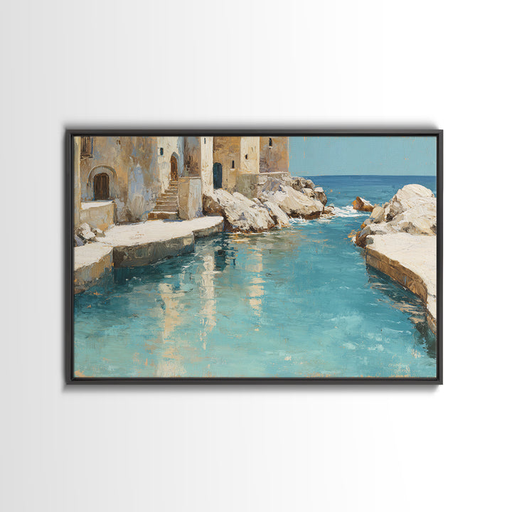 Mediterranean Cove with Clear Water Framed Canvas Print, Beach Art, Whimsical Decor, Coastal Decor, Shore, Beach Print, BEA-3x2-24