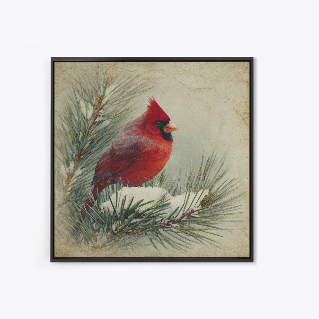 Red Cardinal on Snowy Pine Branch Framed Canvas Print, Bird Art, Nature Wall Art, Living Room Decor, Watercolor Art, Flight, BIR-1x1-1