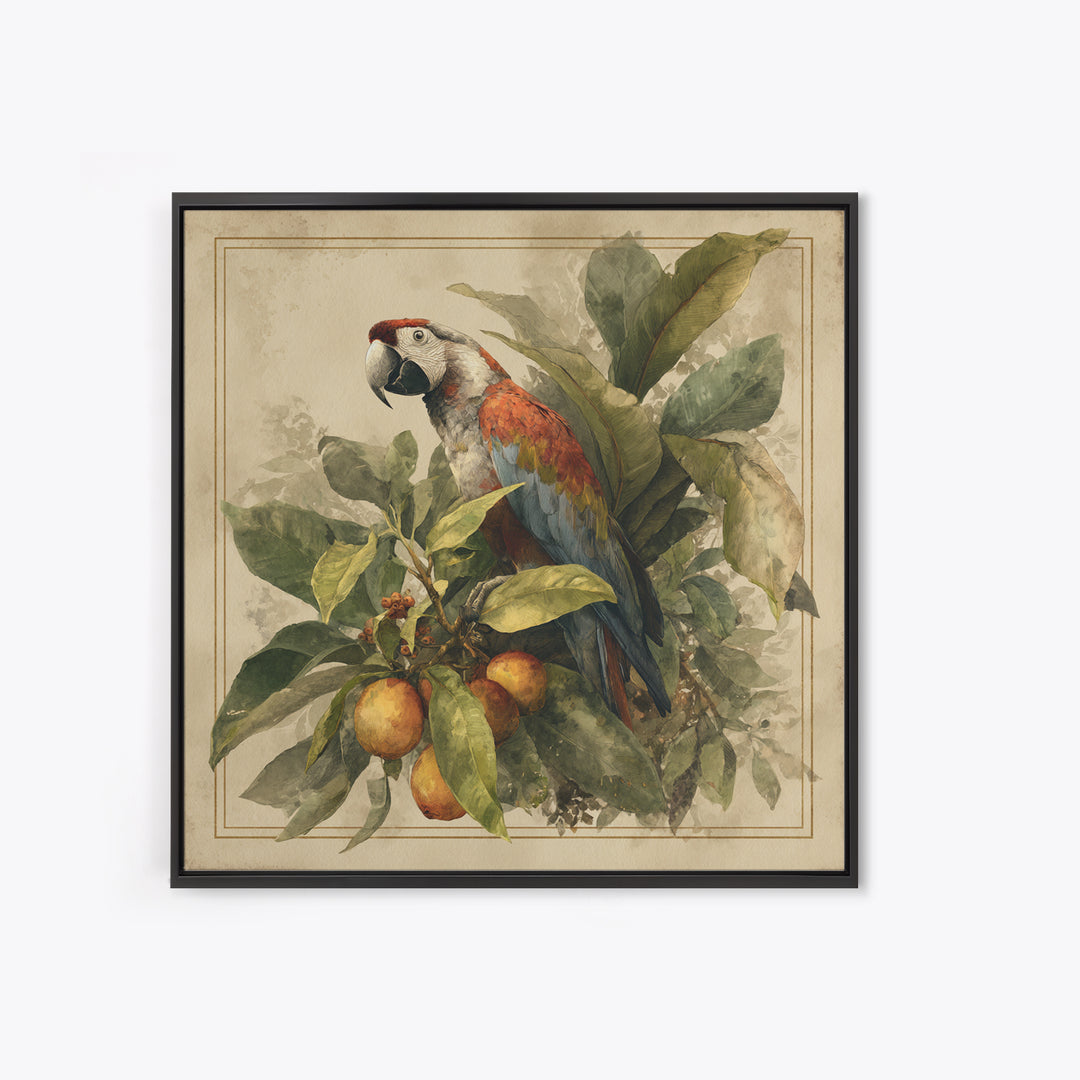 Parrot Among Tropical Leaves and Fruit Canvas Print, Bird Art, Living Room Art, Living Room Decor, Watercolor Art, Flight, BIR-1x1-13