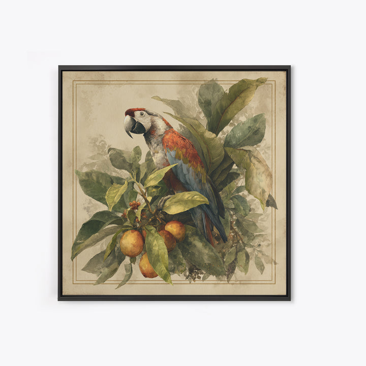 Parrot Among Tropical Leaves and Fruit Canvas Print, Bird Art, Living Room Art, Living Room Decor, Watercolor Art, Flight, BIR-1x1-13