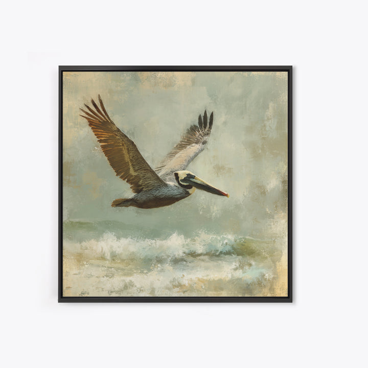 Pelican Flying over Coastal Waves Canvas Print, Bird Art, Modern Art, Living Room Decor, Fine Art, Flight, Floral Art, BIR-1x1-18