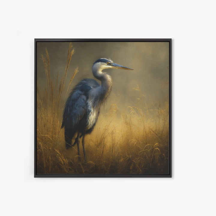 Blue Heron in Misty Marsh Grass Framed Canvas Print, Bird Art, Gallery Wall, Living Room Decor, Fine Art, Flight, Gallery Decor, BIR-1x1-2