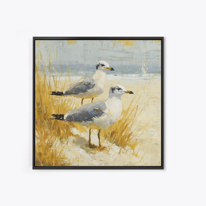 Seagulls Above a Pale Beach Horizon Canvas Print, Bird Art, Mid Century Modern, Living Room Decor, Flight, Botanical Wall Art, BIR-1x1-20