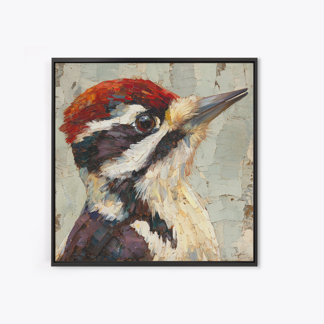 Woodpecker on Birch Bark Texture Framed Canvas Print, Bird Art, Bird Wall Art, Living Room Decor, Fine Art, Flight, Art Print, BIR-1x1-21