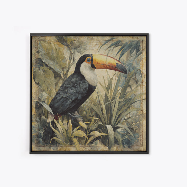 Toucan Framed by Bold Jungle Foliage Canvas Print, Bird Art, Printable Art, Living Room Decor, Flight, Mid Century Wall Art, BIR-1x1-23