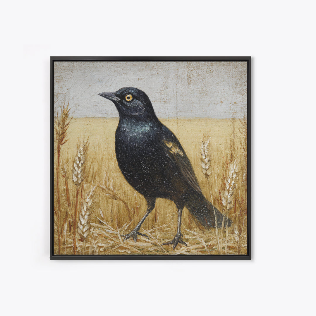 Blackbird on Gold Wheat Field Framed Canvas Print, Bird Art, Nature Prints, Living Room Decor, Watercolor Art, Flight, BIR-1x1-24