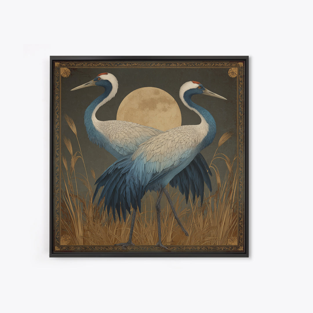 Pair of Cranes Dancing Framed Canvas Print, Bird Art, Living Room Decor, Fine Art, Flight, Rustic Home Decor, Floral Art, BIR-1x1-27