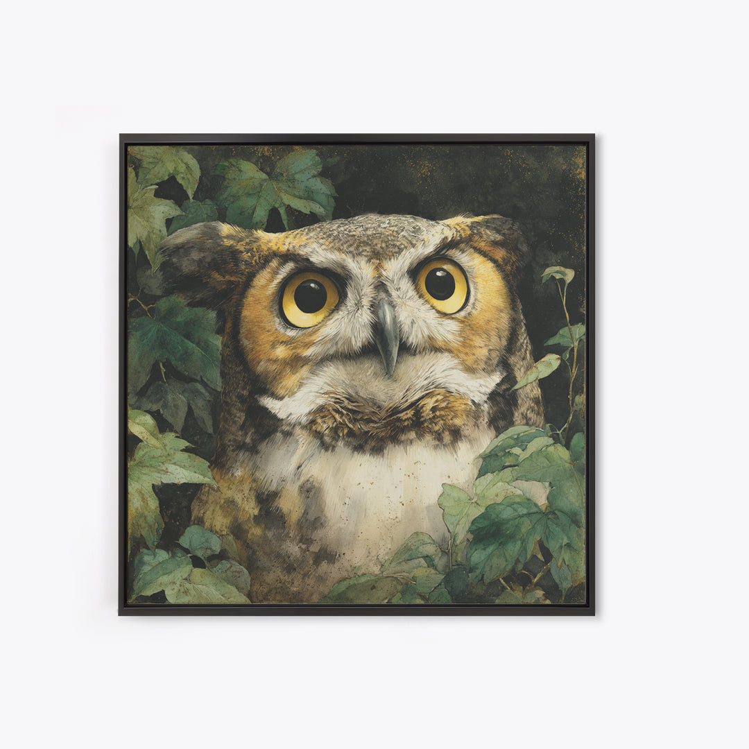 Owl Portrait with Wise Golden Eyes Framed Canvas Print, Bird Art, Fine Art Print, Living Room Decor, Fine Art, Flight, BIR-1x1-29