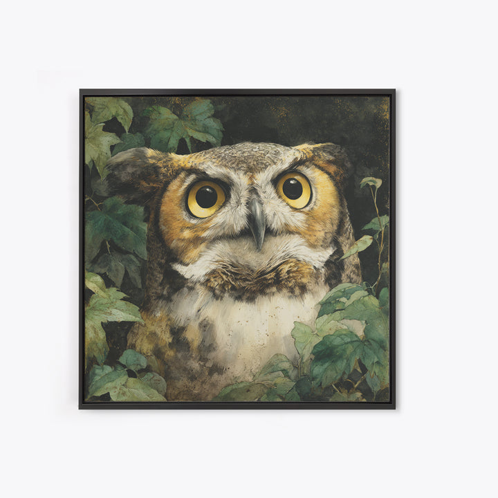 Owl Portrait with Wise Golden Eyes Framed Canvas Print, Bird Art, Fine Art Print, Living Room Decor, Fine Art, Flight, BIR-1x1-29