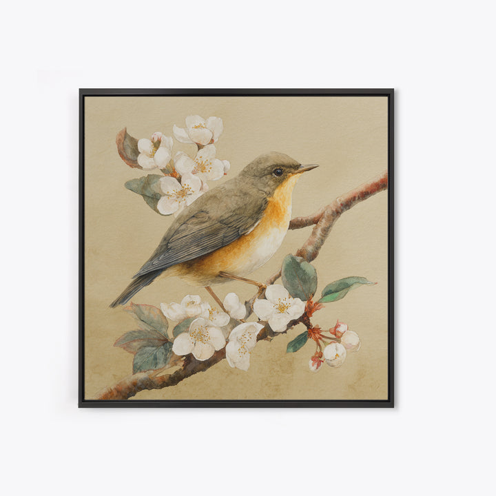 Songbird Perched on Cherry Blossoms Framed Canvas Print, Bird Art, Gallery Decor, Living Room Decor, Fine Art, Flight, BIR-1x1-32