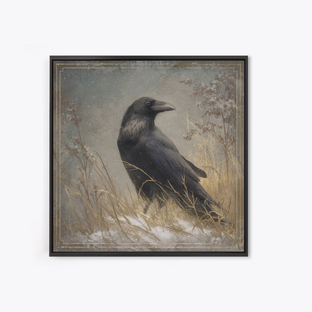 Raven Silhouette with Gothic Atmosphere Framed Canvas Print, Bird Art, Statement Artwork, Living Room Decor, Abstract Art, BIR-1x1-33