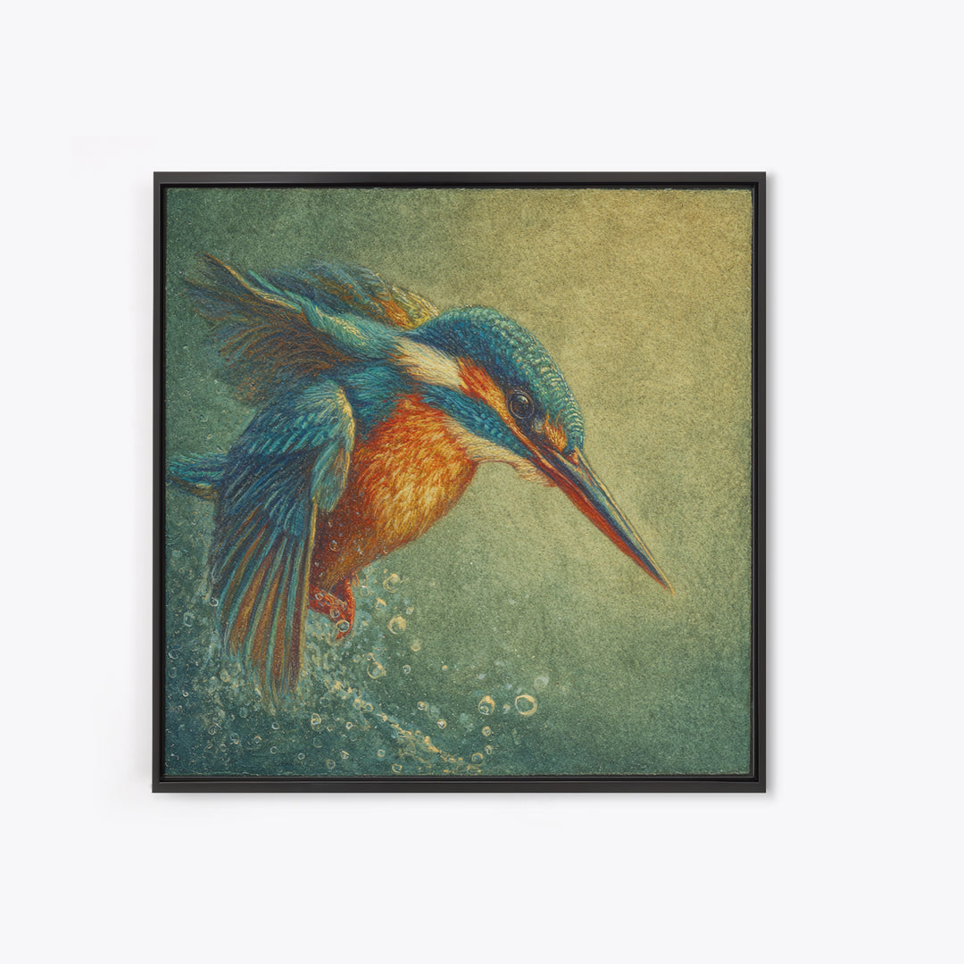 Kingfisher Diving Toward Blue Water Canvas Print, Bird Art, Botanical Wall Art, Living Room Decor, Flight, Forest Wall Art, BIR-1x1-35
