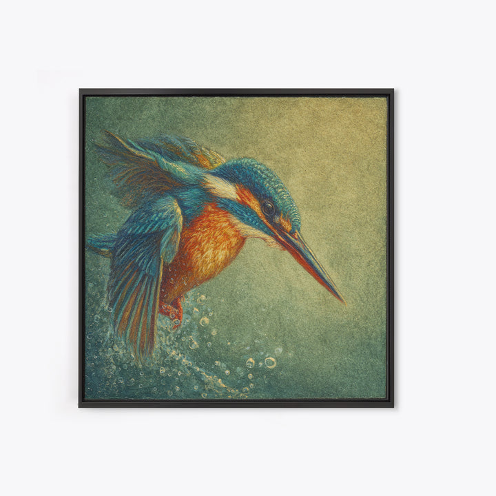 Kingfisher Diving Toward Blue Water Canvas Print, Bird Art, Botanical Wall Art, Living Room Decor, Flight, Forest Wall Art, BIR-1x1-35