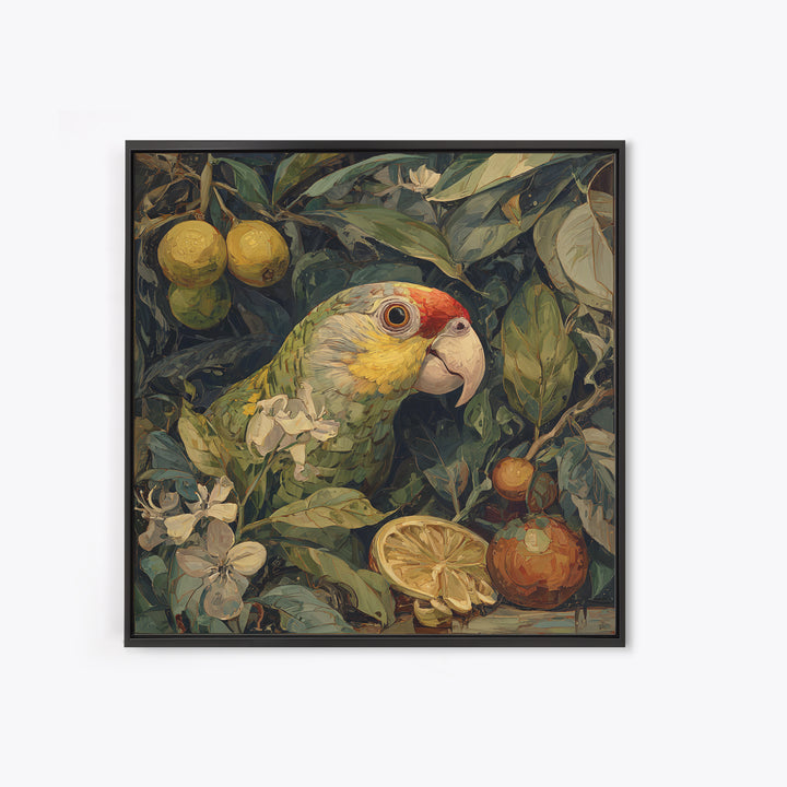 Parrot Among Tropical Leaves and Fruit Framed Canvas Print, Bird Art, Forest Wall Art, Living Room Decor, Oil Painting, Flight, BIR-1x1-37