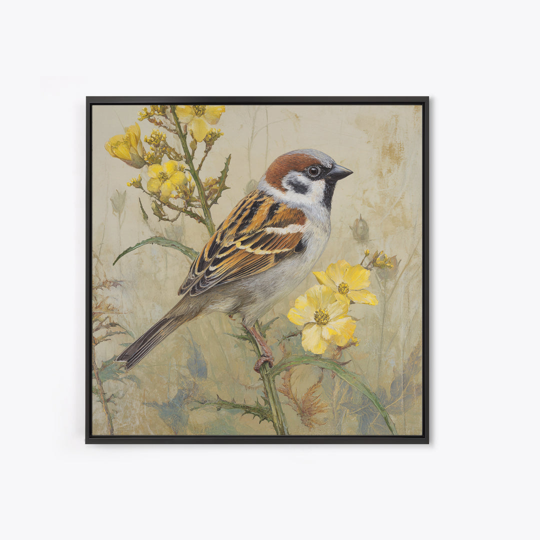 Small Sparrow on Wildflower Stem Framed Canvas Print, Bird Art, Nature Wall Art, Living Room Decor, Fine Art, Flight, BIR-1x1-38