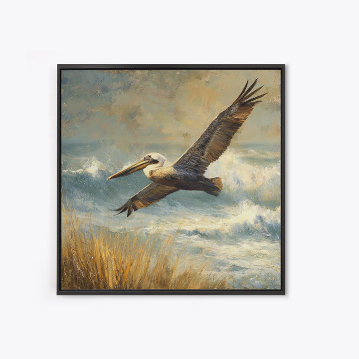 Pelican Flying over Coastal Waves Framed Canvas Print, Bird Art, Digital Download Art, Living Room Decor, Abstract Art, Flight, BIR-1x1-42