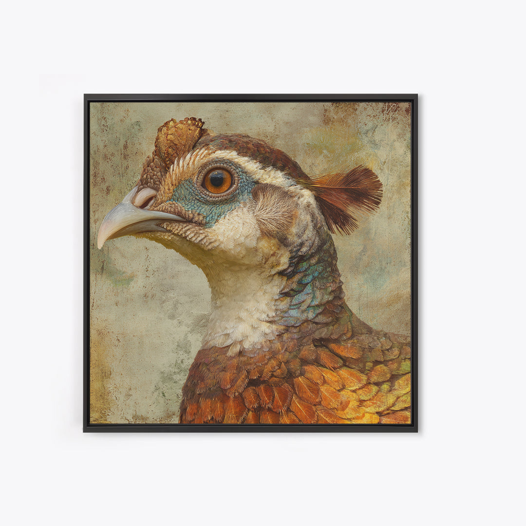 Pheasant with Ornate Feather Details Framed Canvas Print, Bird Art, Mcm Decor, Living Room Decor, Oil Painting, Flight, BIR-1x1-43