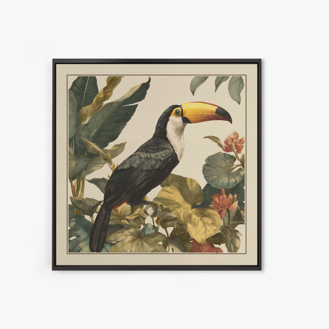 Toucan Framed by Bold Jungle Foliage Framed Canvas Print, Bird Art, Boho Wall Decor, Living Room Decor, Fine Art, Flight, BIR-1x1-47